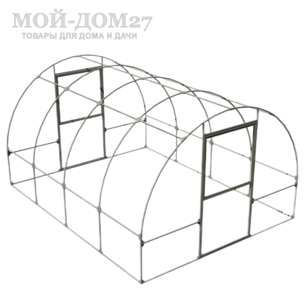 Каркас теплицы 3х4 Крепче | Мой-Дом27 | Ширина - 3 метра. Высота - 2,1 метра. Длина - 4 метра.<br>
 Выдерживаемая снеговая нагрузка - 130 кг/м2. Выдерживаемая ветровая нагрузка - до 27 м/с.<br>
 Оцинкованная профильная труба <b>30х20 мм</b>.<br>
 <b>ЦЕЛЬНОСВАРНЫЕ ТОРЦЫ И ДУГИ</b>. <br>
 Расстояние между дугами 1 метр. Толщина металла дуг 1 мм. Ширина двери 0,96 метра.<br>